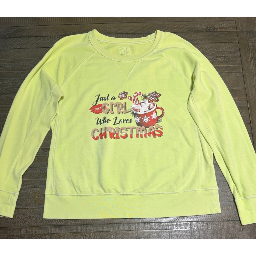 Gap Sweatshirt Womens Large Neon Yellow Christmas Graphic Raglan Cotton